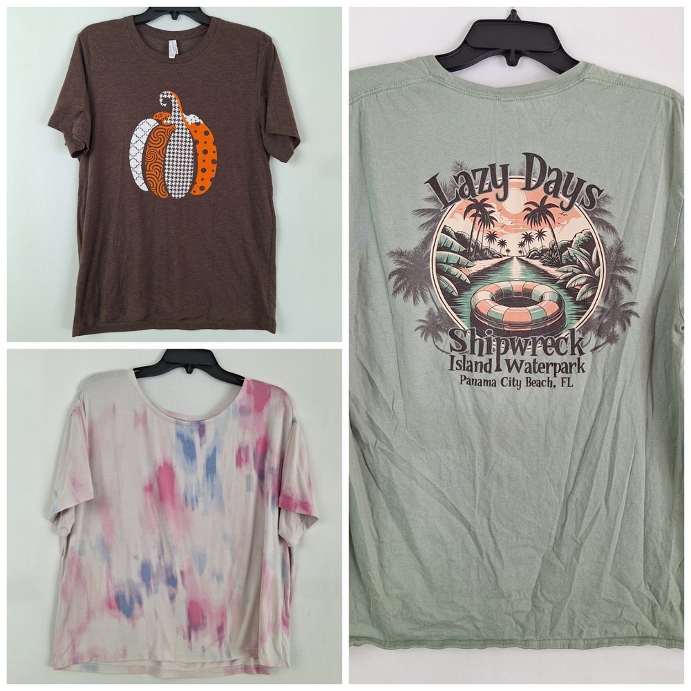 Lot of 3 Graphic T-Shirts: Panama City Beach Fall Pumpkin & Tie-Dye - Size Large
